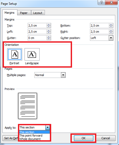 Rotate to landscape in Word