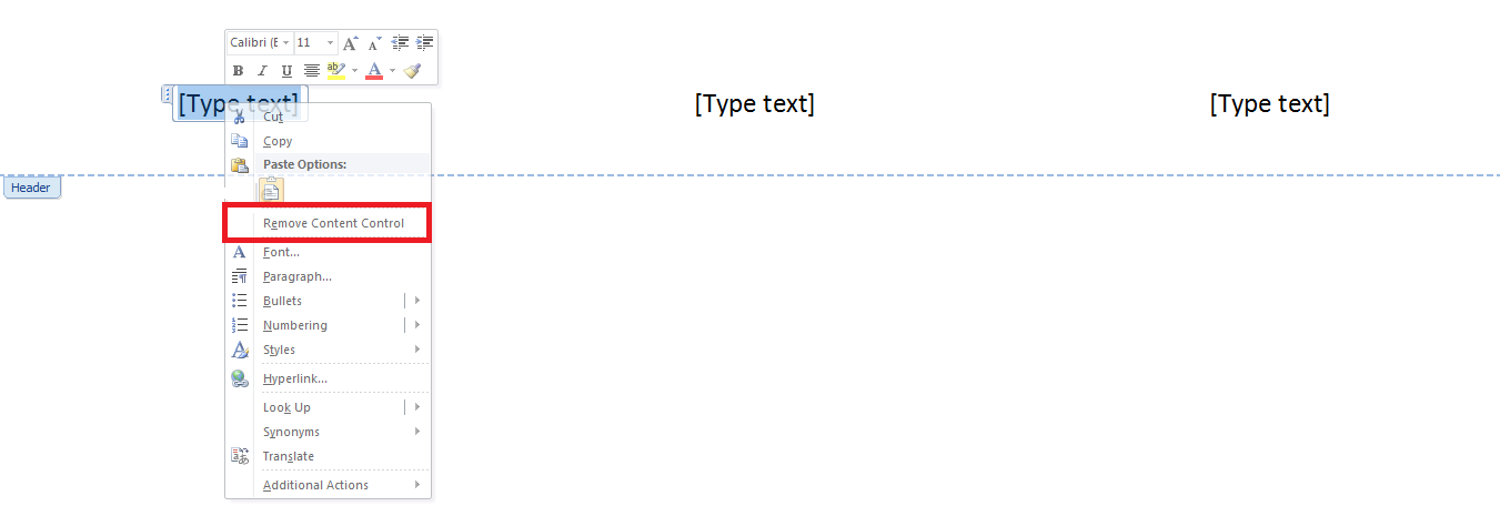 microsoft word header formatting content control