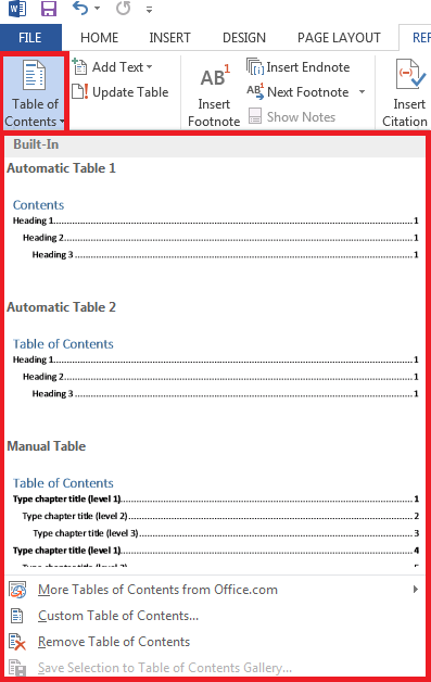 Create a table of contents in Word