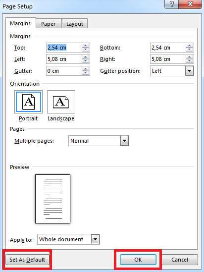 changing the default page layout in word